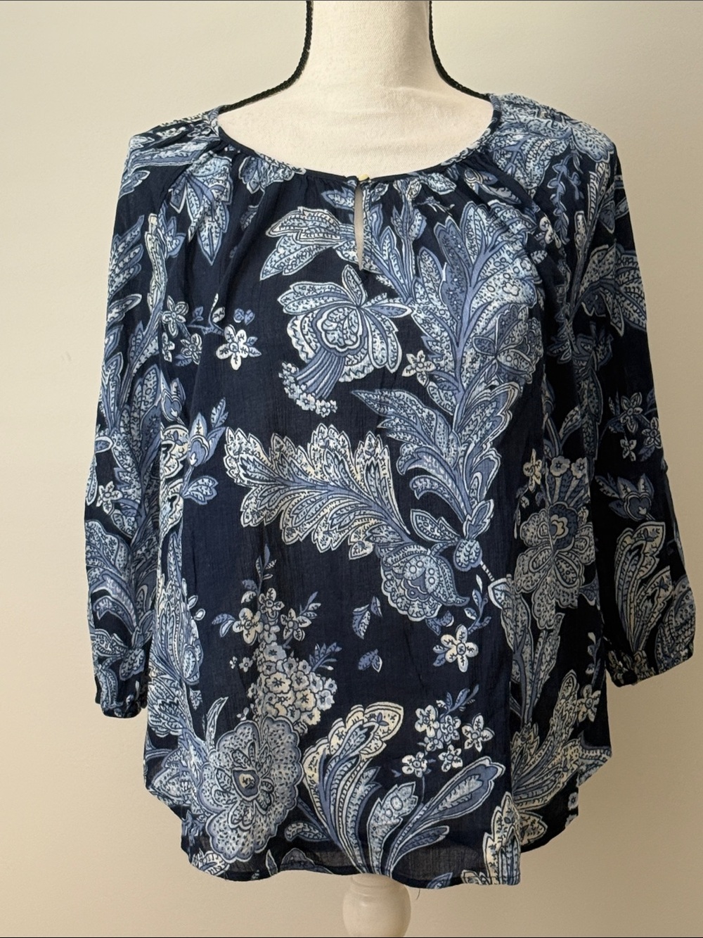 Chaps Women’s Navy Blue Paisley Peasant Blouse, Size Petite Medium